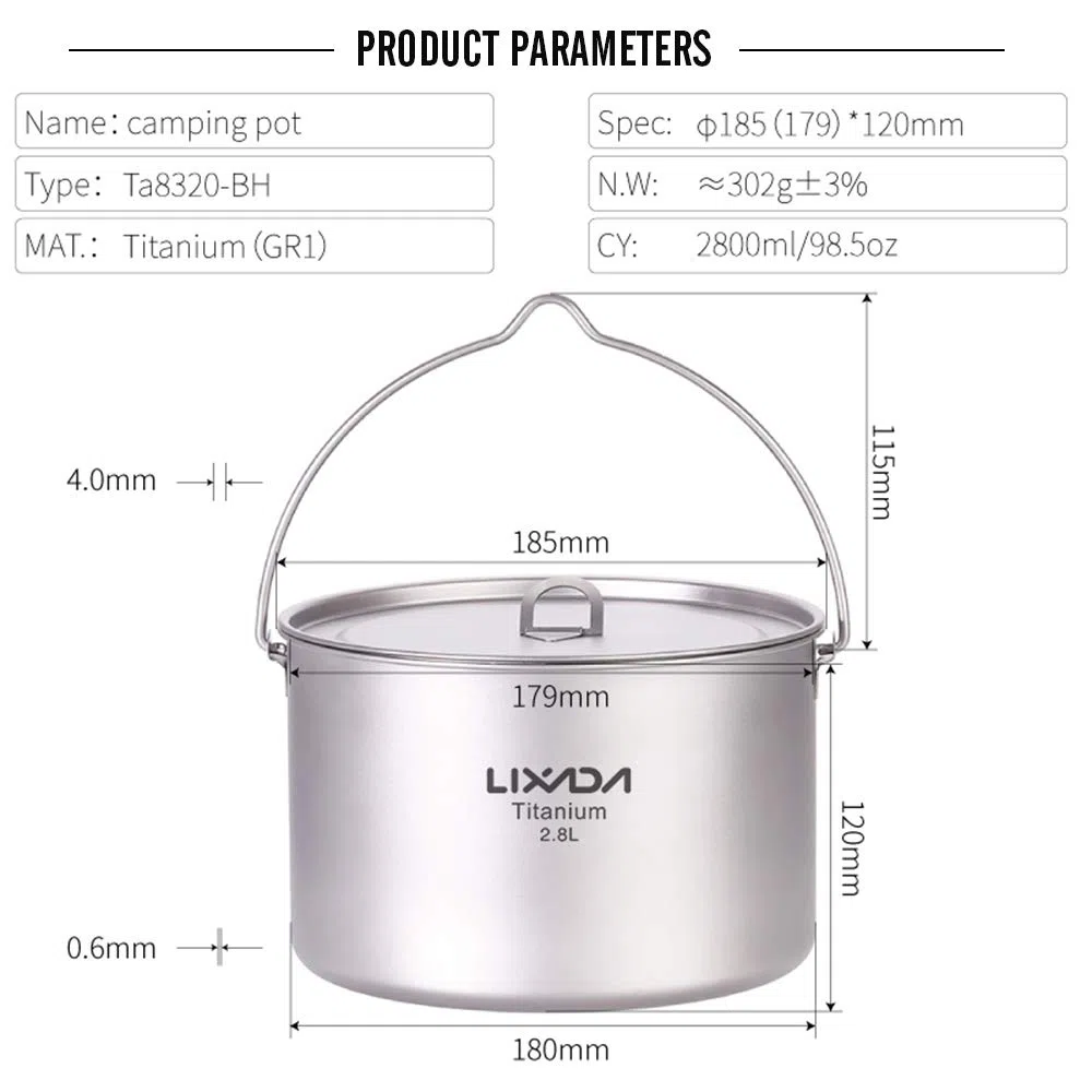 Lixada Topf aus Titanium, 2800ml Camping Titan Pot, Tragbarer Hängetopf mit Deckel, für Outdoor, Camping, Kochgeschirr, Picknick, Ultraleicht 302g