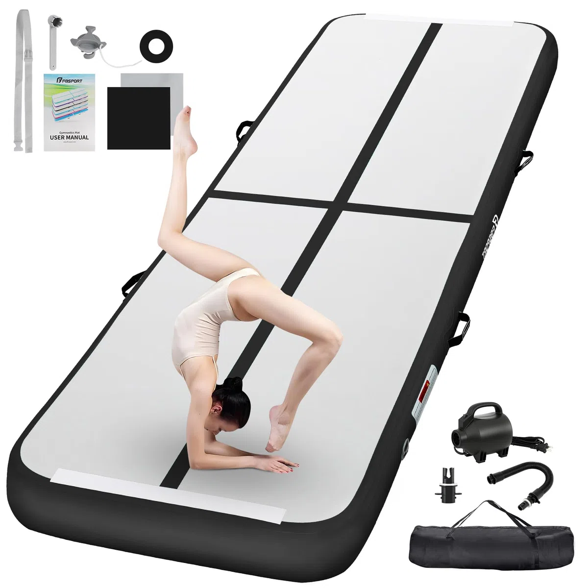 FBSPORT Airtrack Tumbling Matte, 10/20cm hoch, Dicke 2/3/4/5/6/M Dicke mit Luftpumpe, Trainingsmatte mit Tragetasche, Gymnastikmatte für Zuhause Outdoor Yoga