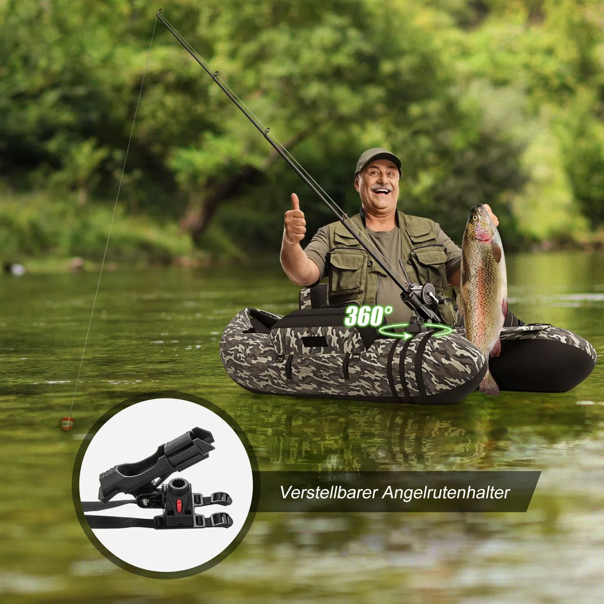 GYMAX Aufblasbares Angelboot, tragbares Belly Boat inkl. Pumpe, Paddel & verstellbaren Schultergurten, Fischerboot mit Fischlineal, Schlauchboot bis 150 kg belastbar