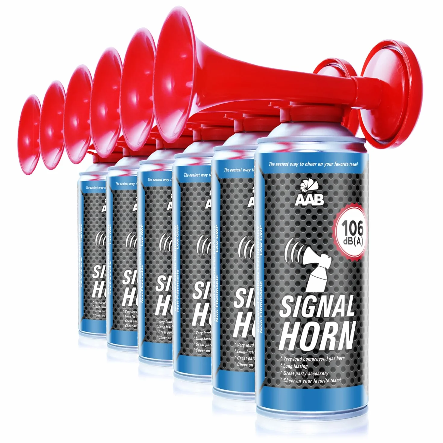 AAB Signal Horn 6x Druckluftfanfare nicht brennbar-106 dB(A), Bis zu 120 Signale, Fanfare für Fußball EM 2024, Europameisterschaft, Tröten Fussball, Laut Air Horn, Gashupe, Drucklufttröte, Superfans