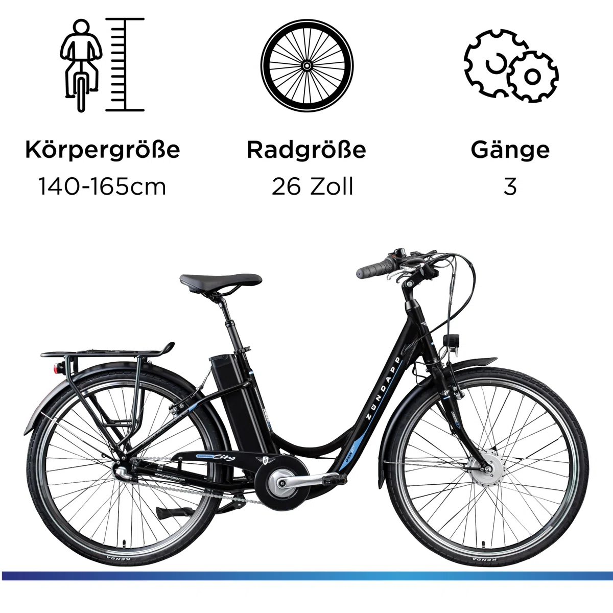 ZÜNDAPP Green 2.7 26 Zoll Ebike für Damen 26" Elektrofahrrad mit Rücktrittbremse E Bike Damen City Fahrrad Elektro Pedelec Hollandrad tiefer Einstieg (schwarz/blau, 46 cm)