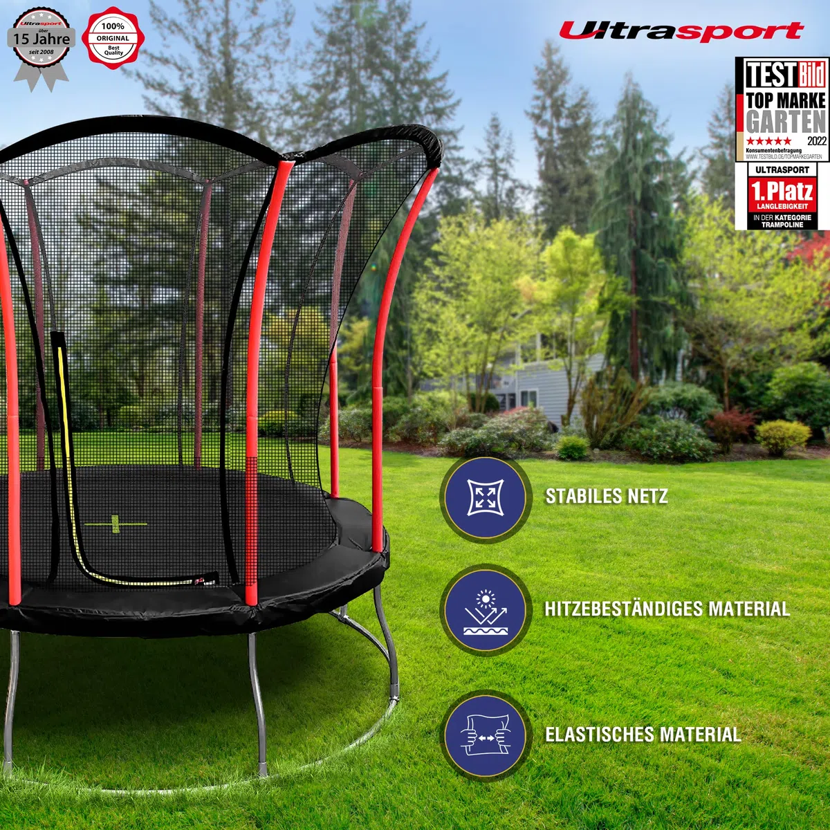Ultrasport Lotus Gartentrampolin, Outdoor-Trampolin in 4 Durchmessern, galvanisch verzinkter Rahmen, Kindertrampolin mit toller Sicherheitsausstattung, ø