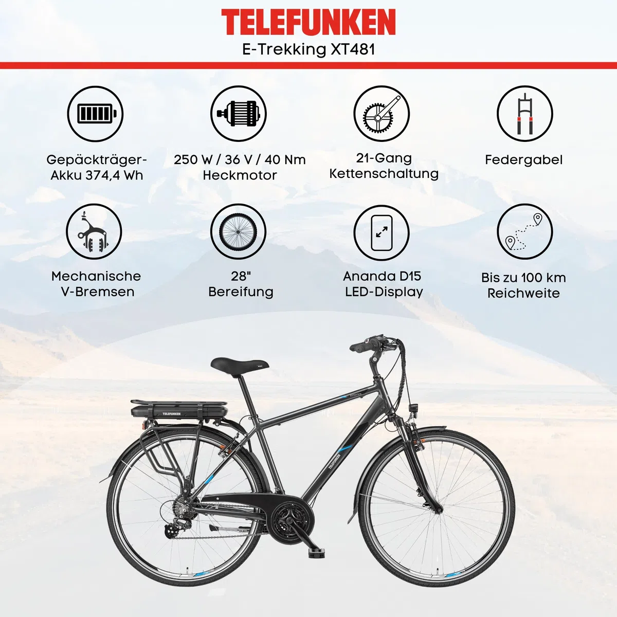TELEFUNKEN E-Bike 28 Zoll für Damen & Herren | Trekking-Fahrrad mit 21-Gang Kettenschaltung | Elektrofahrrad mit 250W Hinterradmotor und Li-Ion-Akku | Pedelec mit V-Bremsen und LED-Beleuchtung