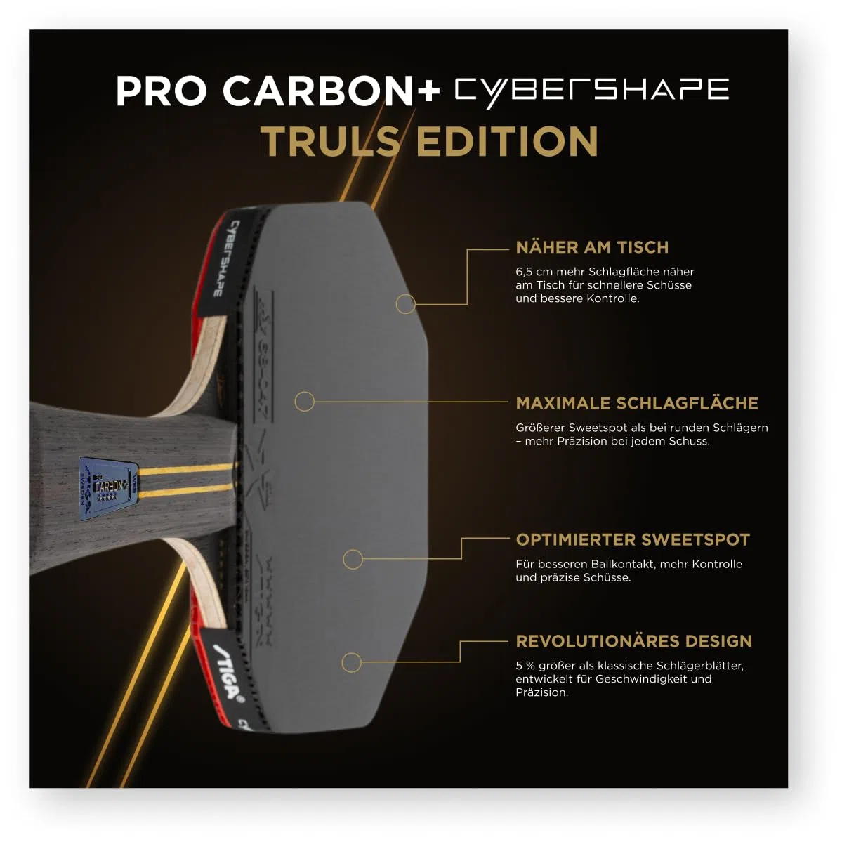 STIGA Pro Carbon Plus Cybershape Truls Edition Tischtennisschläger, 5 Sterne, Größerer optimierter Sweetspot, Touch Carbon-Technologie, ITTF-zugelassene STAR5-Beläge – für Offensive Spieler