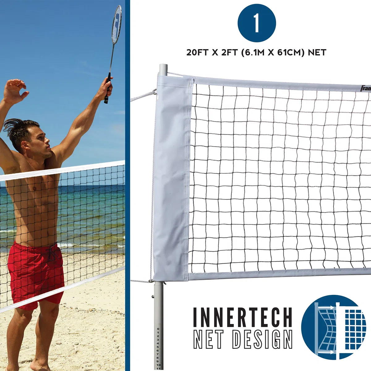 Franklin Sports Badminton-Netz-Sets – Outdoor-Hinterhof + Strand-Badminton-Netz + Ausrüstungsset – (4) Schläger + (2) Vögel + tragbares Netz enthalten – Set für Erwachsene und Kinder