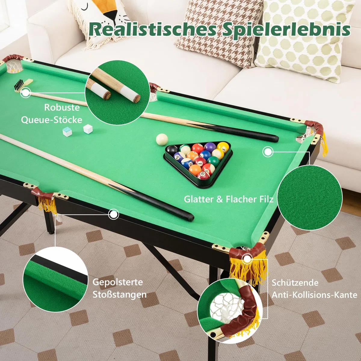COSTWAY Billardtisch klappbar, Billiard Tisch mit Zubehör, Pooltisch mit 2 Queues, 2 Kreiden, Dreieck & Bürste, Tischbillard aus Holz, Snookertisch für Kinder, Erwachsene, 122 x 64 x 78 cm