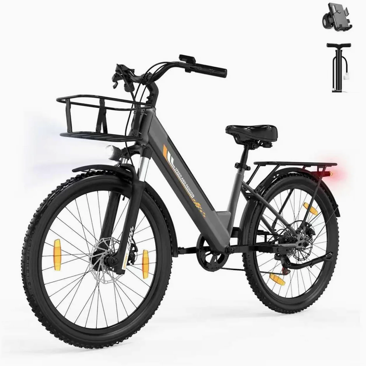 26" Elektrofahrrad, 250-W-Motor, herausnehmbarer 36-V-13-Ah-Akku, bis zu 100 km Reichweite, 7 Gänge, 25 km/h Unterstützung, Unisex-E-Bike, City-Elektrofahrrad (Grau)