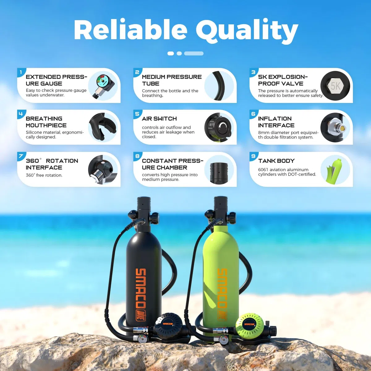 SMACO Tauchflasche Zum Sporttauchen S400Pro Tauchen Sauerstofftank mit 1L Kapazität Unterstützen Sie Unterwasseratmung (Nicht Mehr als 16ft) Neue Generation Tauchzylinder Unterwasseratemgerät