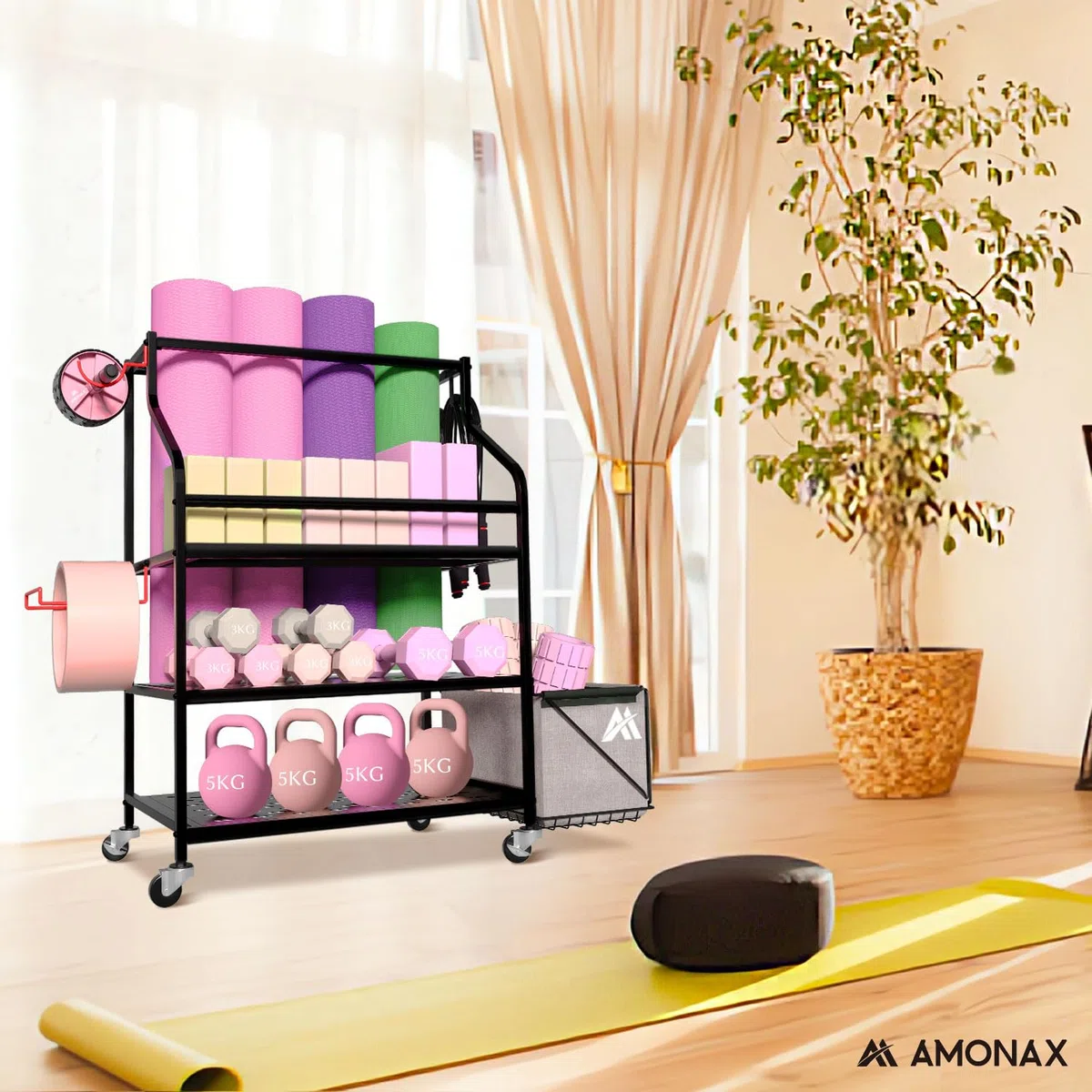 Amonax Hantelständer Fitnessstudio, Kettlebell Rack Kurzhantelständer Yoga Matte Regal, Hantel Ständer Für Langhantelpolster Faszienrolle, Fitness Geräte Zuhause Home Organizer Gym Zubehör