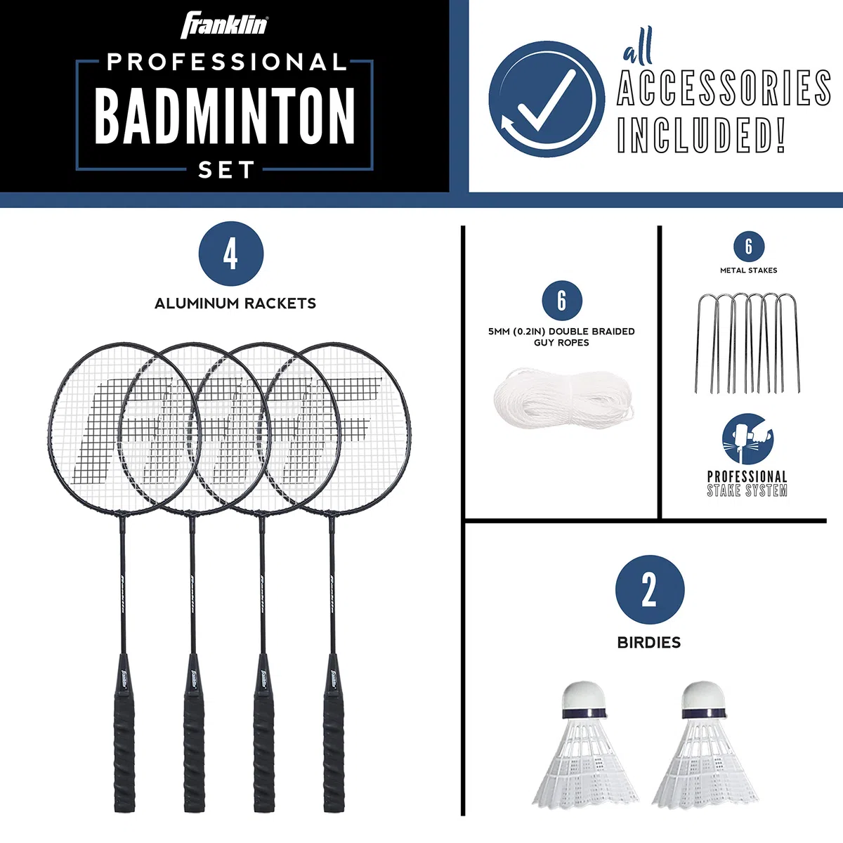 Franklin Sports Badminton-Netz-Sets – Outdoor-Hinterhof + Strand-Badminton-Netz + Ausrüstungsset – (4) Schläger + (2) Vögel + tragbares Netz enthalten – Set für Erwachsene und Kinder