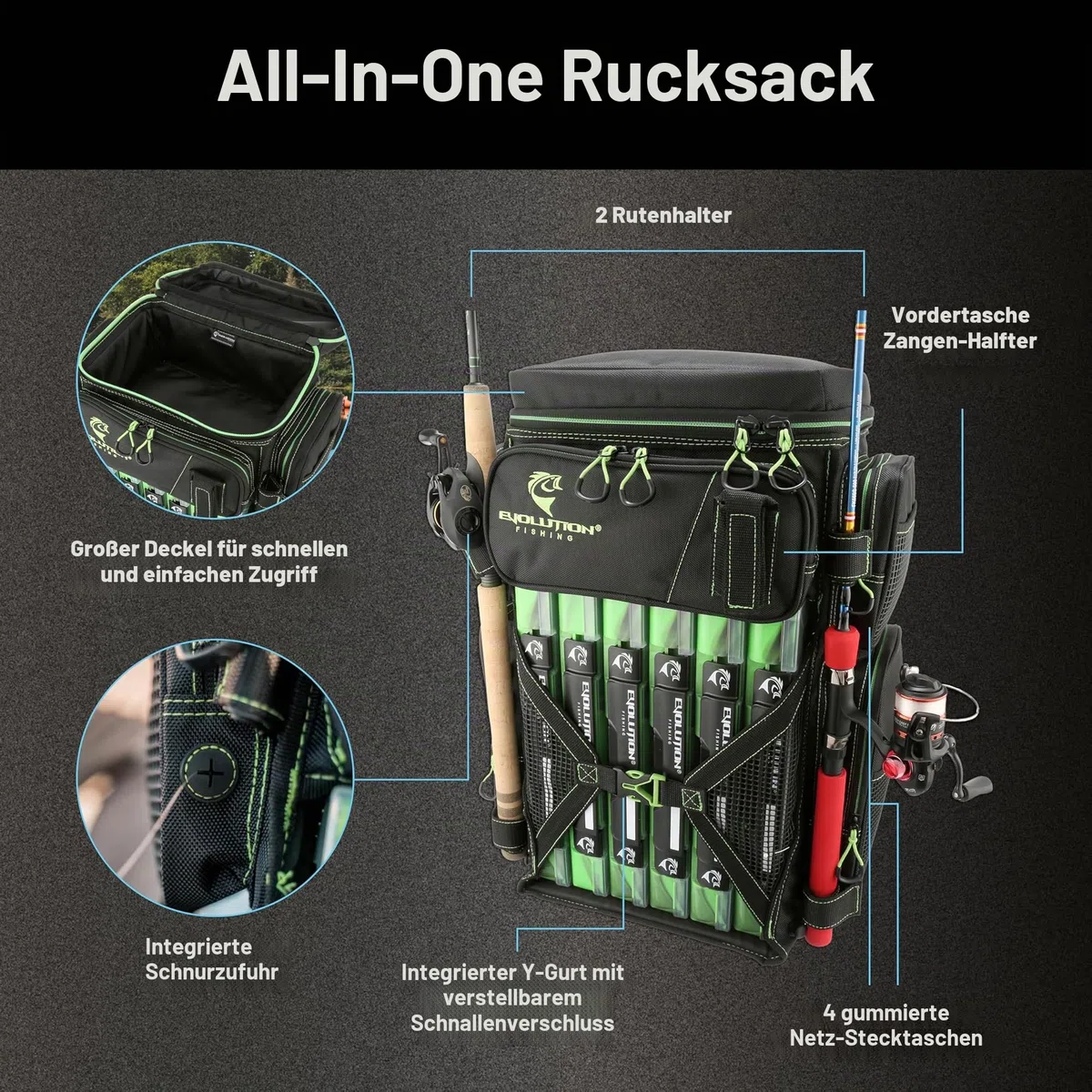 Evolution Fishing Drift-Serie 3700 Angelrucksack mit QuikLatch-System und 2 Rutenhaltern, robust, mit 6Tackle-Boxen, Grün