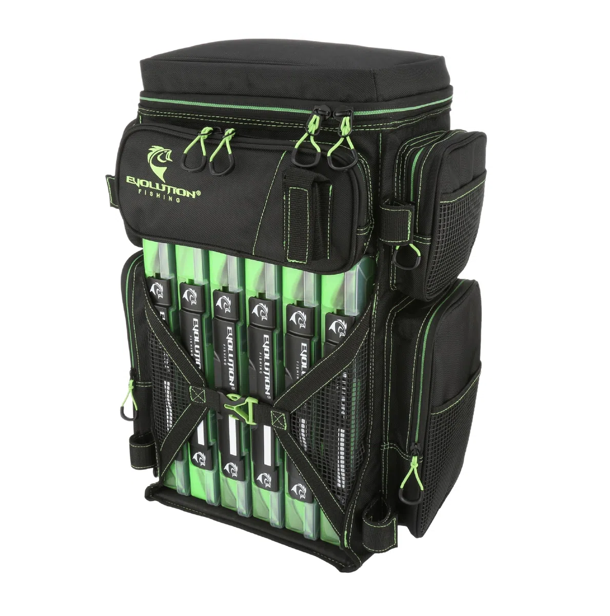 Evolution Fishing Drift-Serie 3700 Angelrucksack mit QuikLatch-System und 2 Rutenhaltern, robust, mit 6Tackle-Boxen, Grün