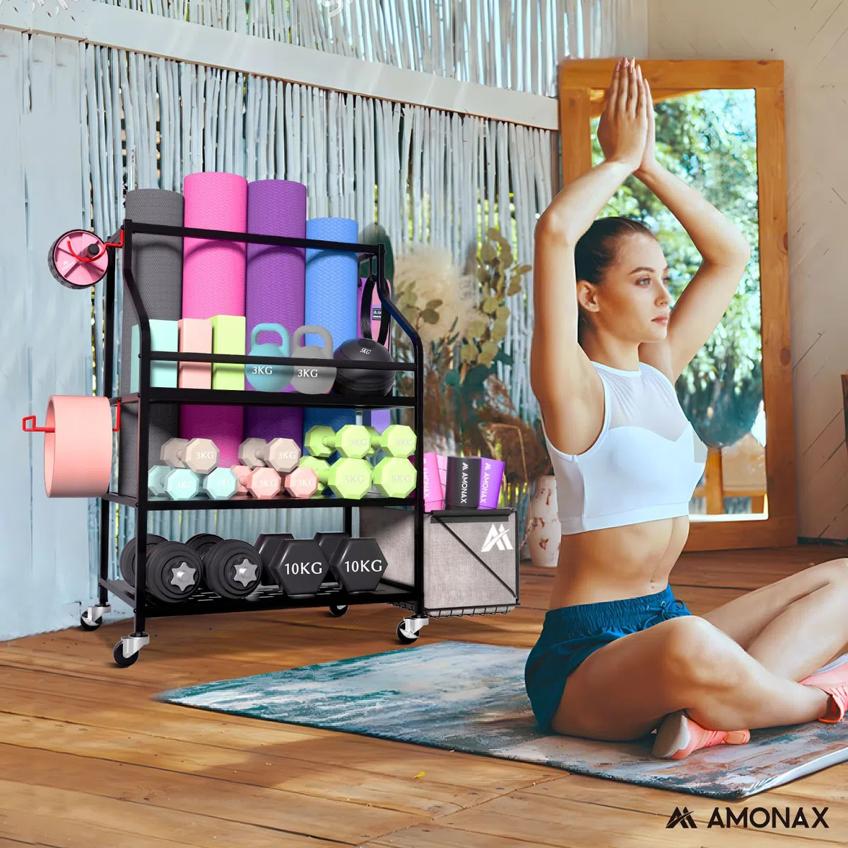 Amonax Hantelständer Fitnessstudio, Kettlebell Rack Kurzhantelständer Yoga Matte Regal, Hantel Ständer Für Langhantelpolster Faszienrolle, Fitness Geräte Zuhause Home Organizer Gym Zubehör