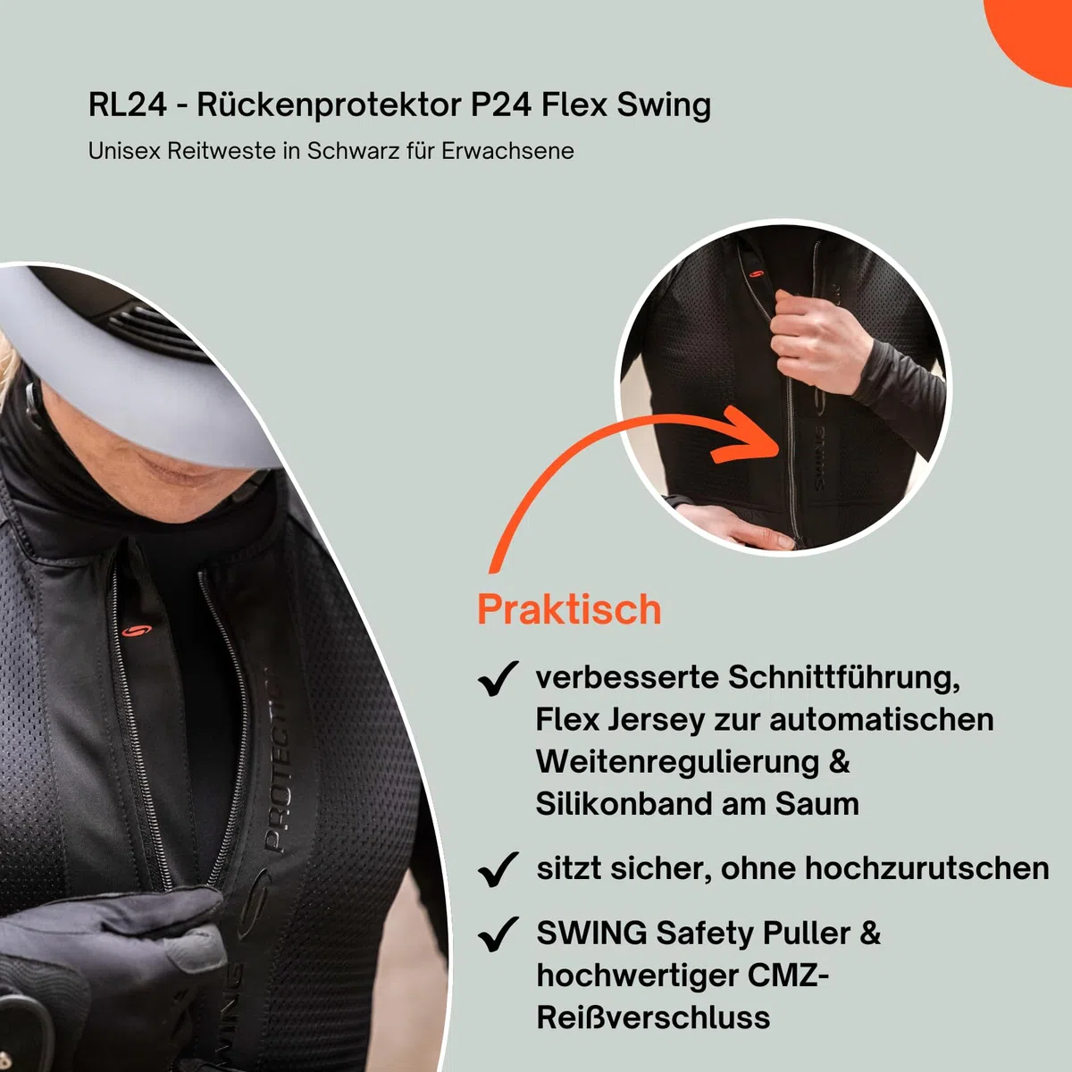 RL24 - Rückenprotektor P24 Flex Swing – Protektorenweste – Reiter Schutzweste – atmungsaktiv & leicht – automatische Weitenregulierung – Unisex Reitweste in Schwarz für Erwachsene