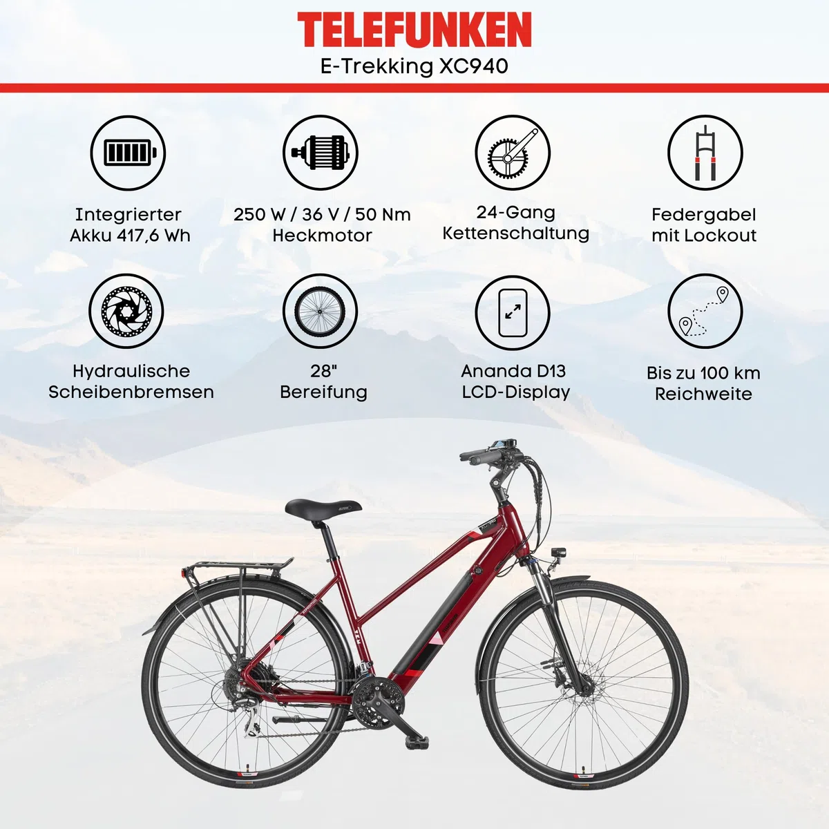 TELEFUNKEN E-Bike 28 Zoll Fahrrad für Damen & Herren | Trekking Pedelec mit 8-Gang / 24-Gang Kettenschaltung & Scheibenbremsen | Elektrofahrrad mit 250 W Heckmotor & integriertem 417,6 Wh Li-Ion-Akku