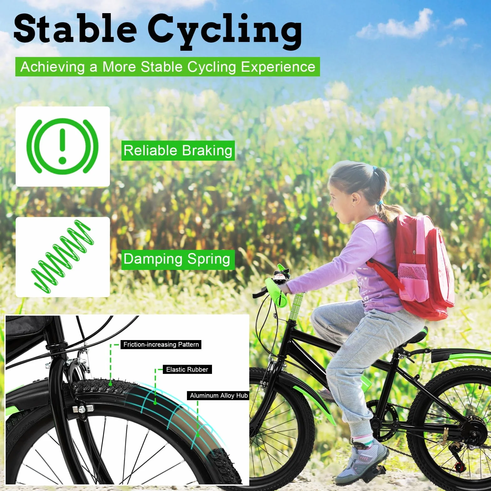 20 Zoll Kinder Mountainbike für Jungen Mädchen, 7 Geschwindigkeit Kinder Fahrrad vorne und hinten Doppelbremse für Höhe 1.3-1.5m, Kinder Fahrrad mit Fendern, Wasserflasche und Kompass, 85KG