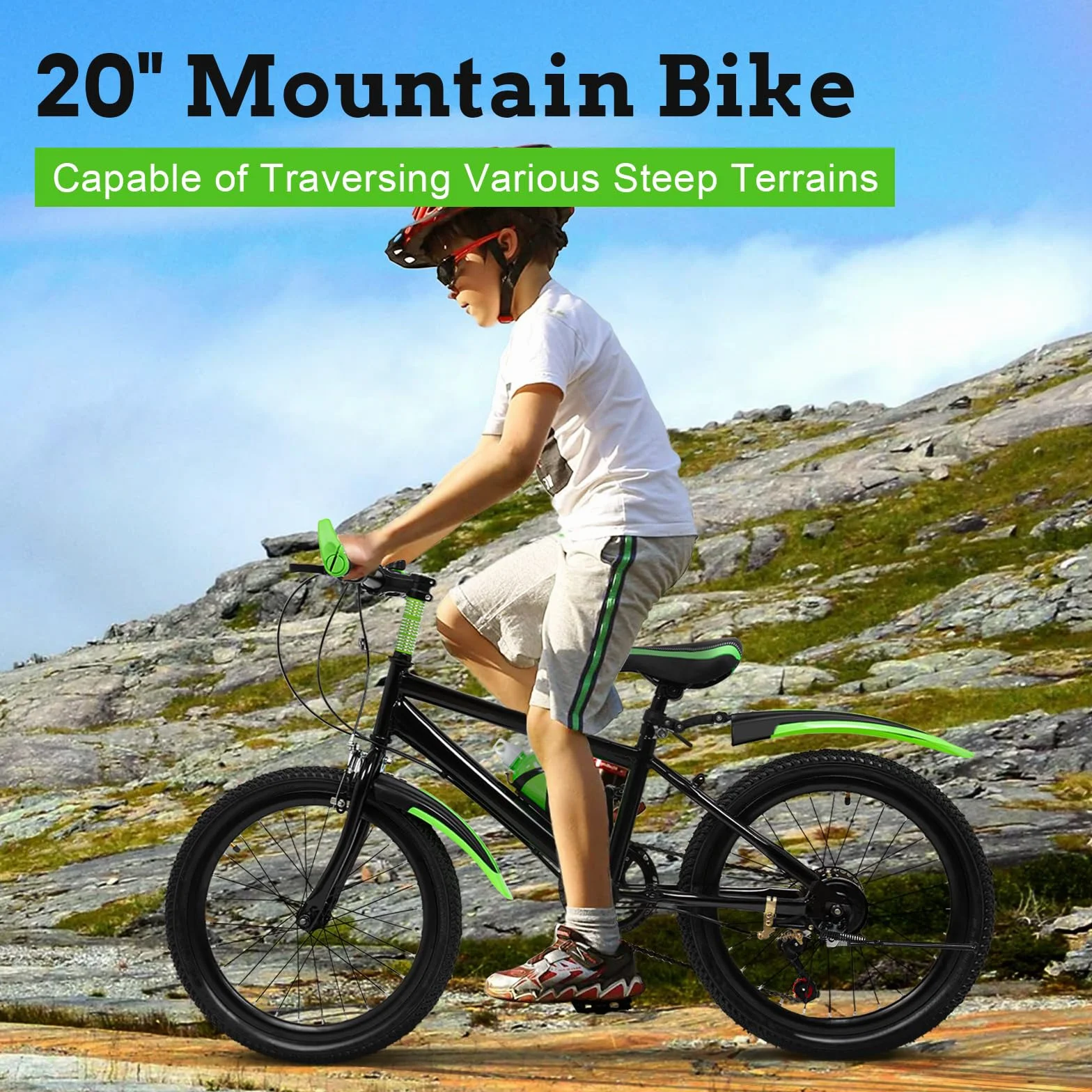 20 Zoll Kinder Mountainbike für Jungen Mädchen, 7 Geschwindigkeit Kinder Fahrrad vorne und hinten Doppelbremse für Höhe 1.3-1.5m, Kinder Fahrrad mit Fendern, Wasserflasche und Kompass, 85KG