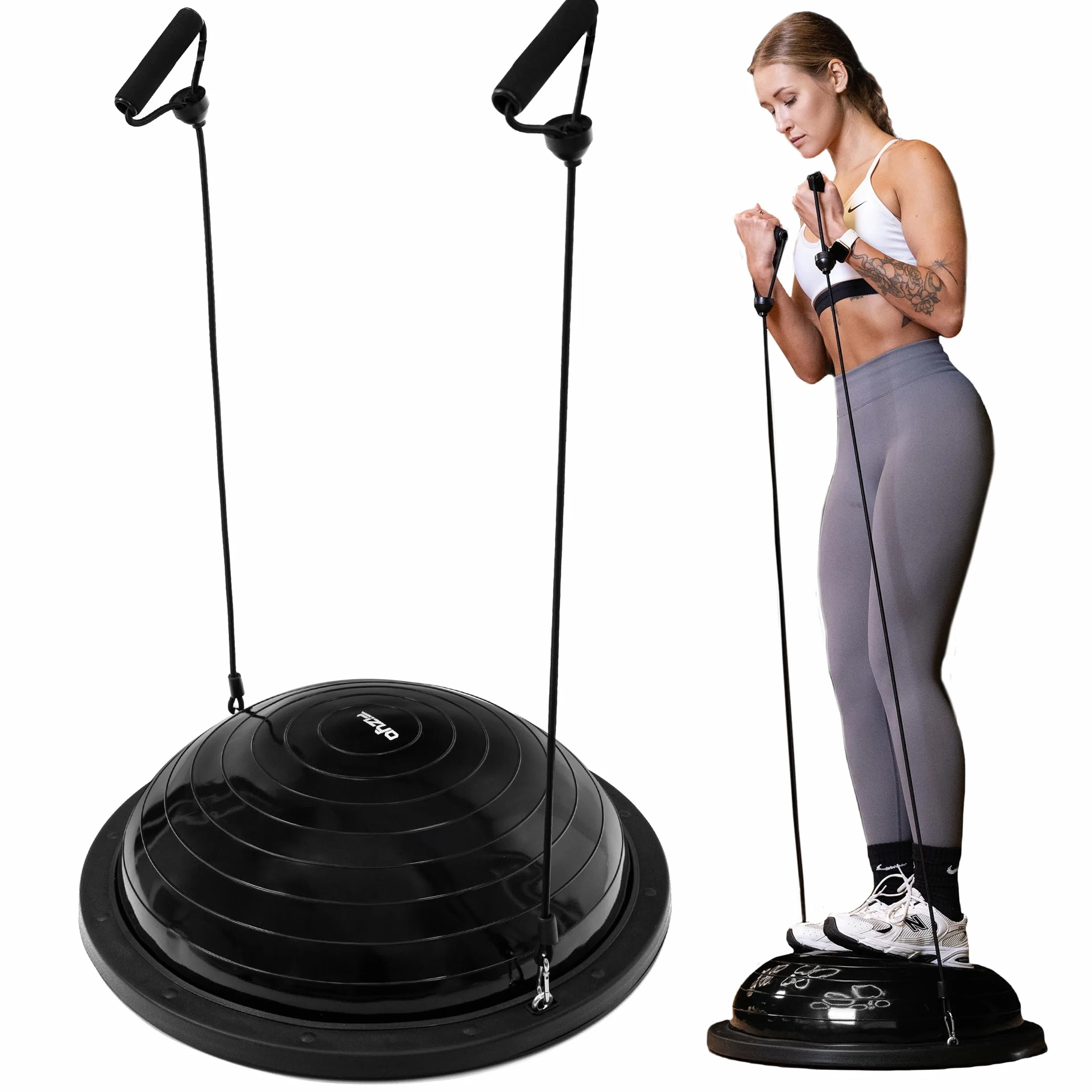FIZYO Balance Trainer Halbkugel Ø 58 cm, Rutschfester Balance Ball mit Bändern & Pumpe für Gleichgewicht, Core-Training, Yoga, Pilates, Fitness, Gymnastik, Physiotherapie & Rehabilitation Schwarz