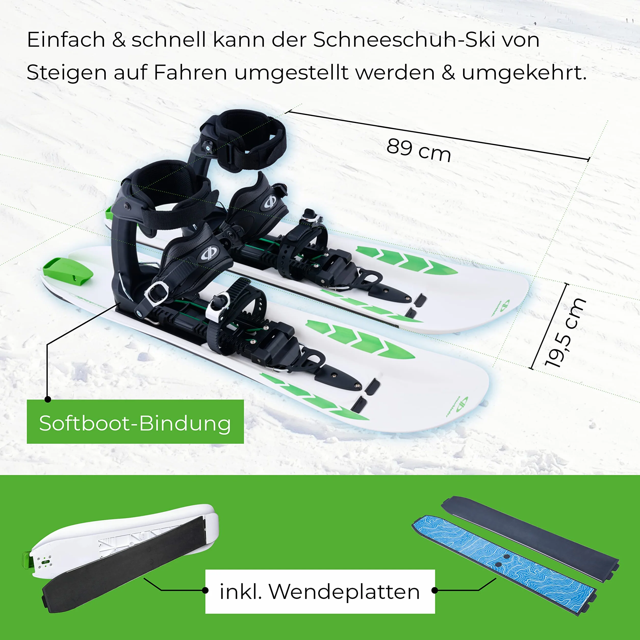 Softboot Schneeschuhe Weiß 36-46 I 3in1 Schneeschuh zum Steigen, Fahren, Gleiten I Weltneuheit-Schneeschuhe zum Skifahren mit Wanderschuh