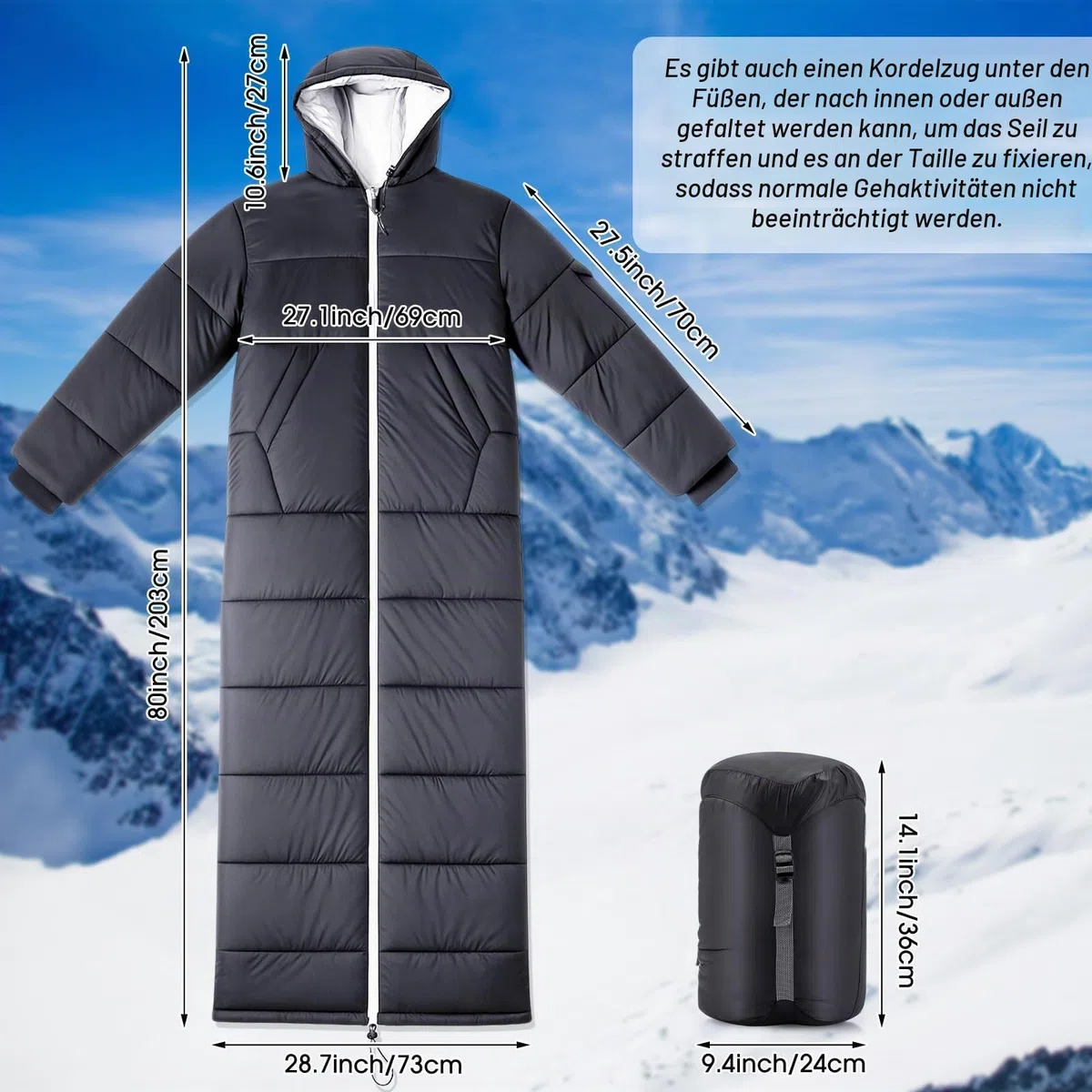 Macarrie Wearable Sleeping Bag for Adults with Sleeves and Hood, 74 Inch Long 0 Degree Cold Weather Insulated Weather Sleeping Bag for Extreme Cold Camping Hiking Stadium