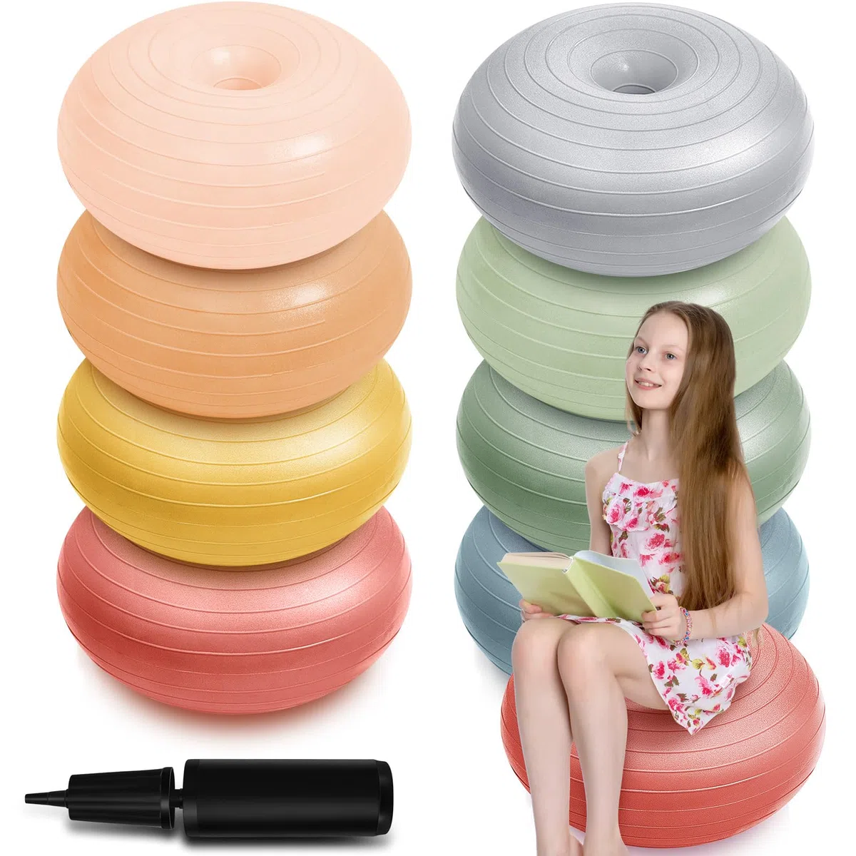 Lewtemi Flexible Sitzgelegenheiten für Klassenzimmer, elementar, aufgeblasen, Wackelstuhl für sensorische Kinder, 50,8 cm, Yoga-Ballstühle, große Donut-Ballsitze mit Inflator für Klassenzimmer, Büro