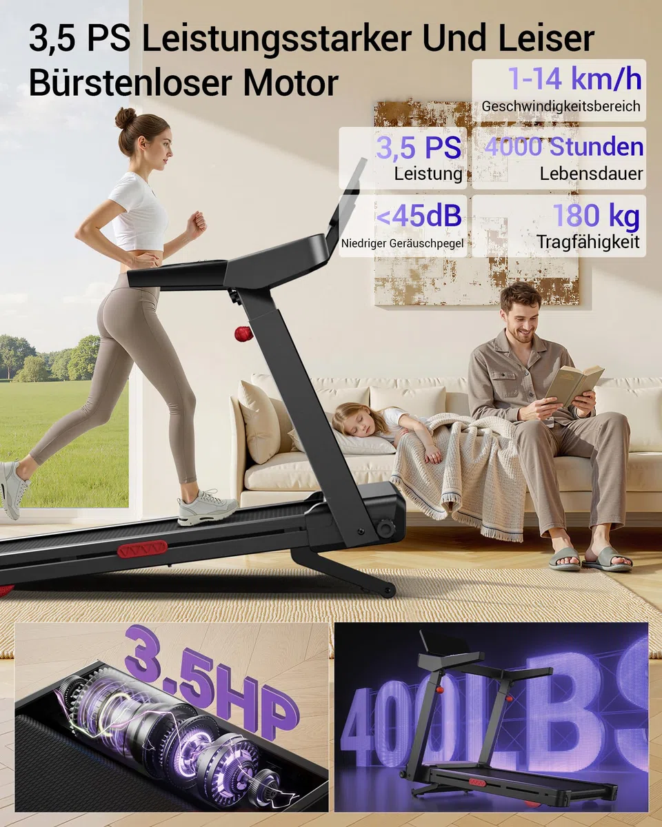 LONTEK Laufband für Zuhause mit 20% Automatischer Steigung, 14 KM/H | 14 KM/H Laufbänder mit 4-stufig verstellbarer Konsole, 3.5 HP Treadmill for Home mit LED-Anzeige, 180 KG