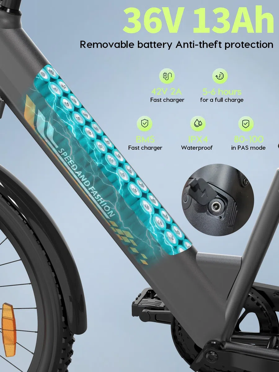 26" Elektrofahrrad, 250-W-Motor, herausnehmbarer 36-V-13-Ah-Akku, bis zu 100 km Reichweite, 7 Gänge, 25 km/h Unterstützung, Unisex-E-Bike, City-Elektrofahrrad (Grau)