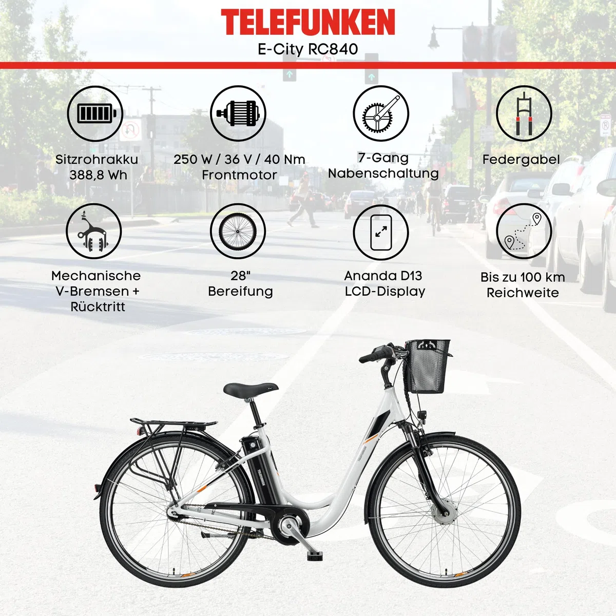 TELEFUNKEN E-Bike für Damen & Herren 28 Zoll | Elektrofahrrad E-Citybike | Frontmotor 250 W | City Pedelec | 36 V / 374,4 Wh Li-Ion Akku | 7-Gang Nabenschaltung + Rücktritt | Straßenzulassung | RC840