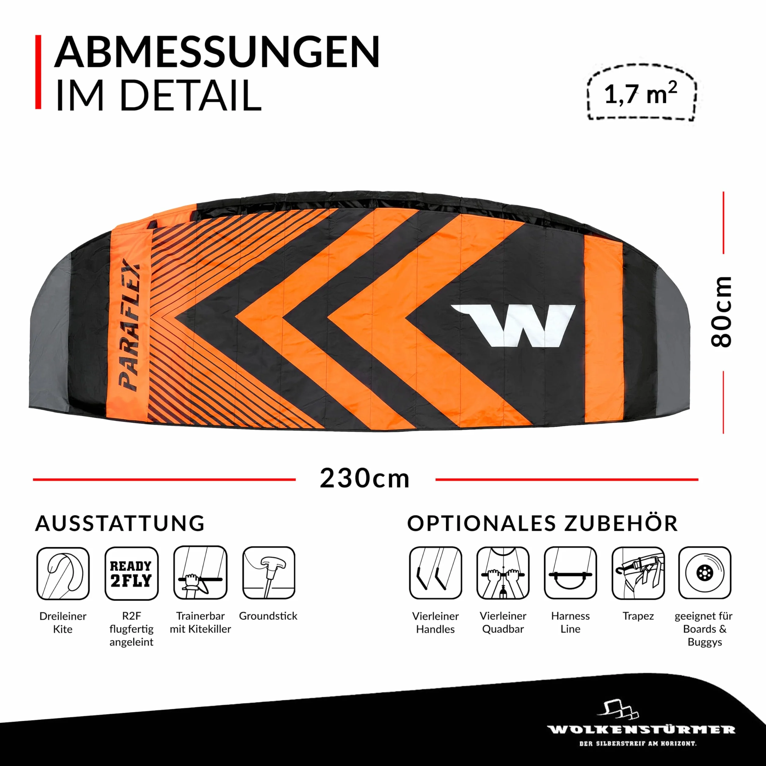Wolkenstürmer Paraflex Trainer 2.3 – Flugfertiger 3-Leiner Trainer Kite mit Trainerbar und Dyneema Schnüren – 230 cm Lenkmatte & Windtrainer