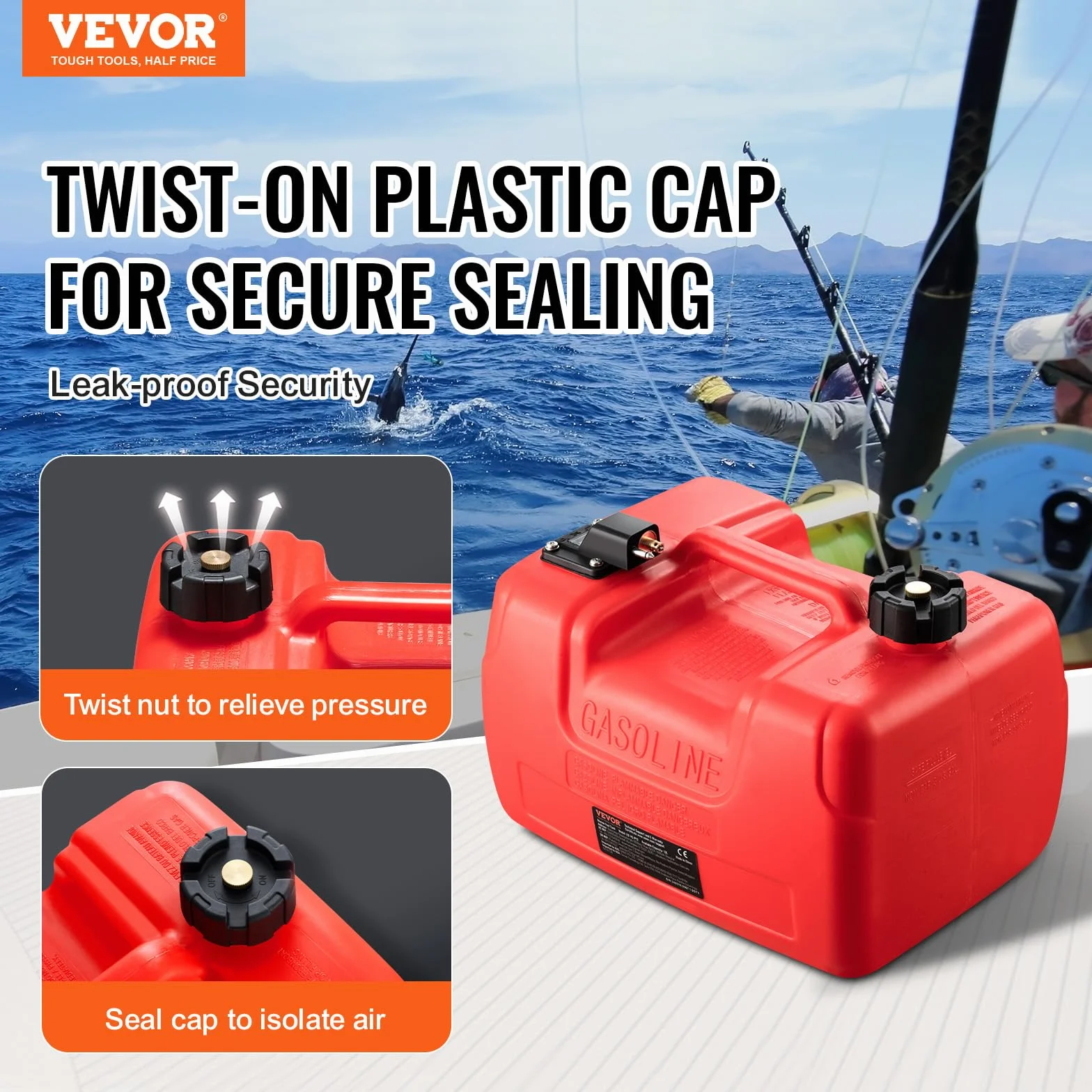 VEVOR Marine-Kraftstofftank, 12 L, tragbarer Bootstank mit Außenbordmotor, Kunststoff-Außenbord-Kraftstofftank für Marineboote mit Schlauch, leicht zu tragen für Yacht, Fischerboot, Deckboot, rot