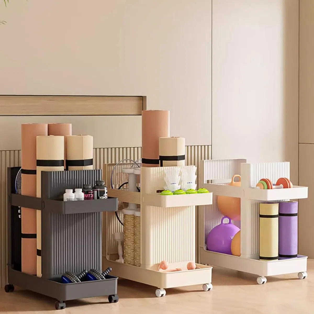 2-stöckiges Rollgerät für Heim-Fitness-Organisation, platzsparende Aufbewahrung für Yogamatten und Hanteln