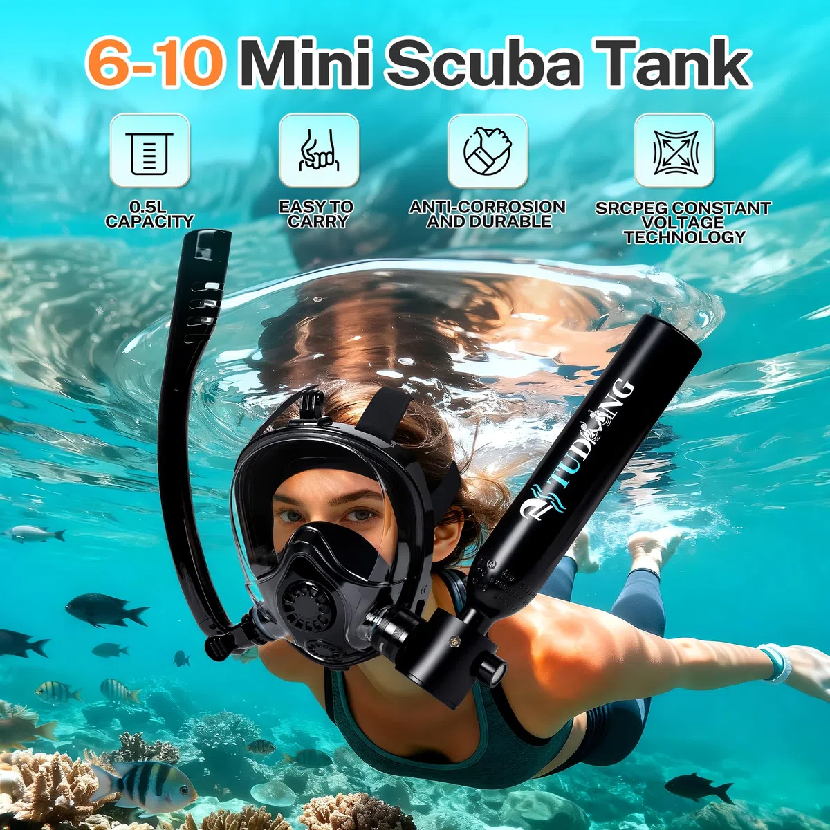 TUDIVING-0,5-Liter-Tauchflasche | Tragbare Atemflasche mit Kompressor | Max. 3000 PSI | Ermöglicht 6–10 Minuten Atemzeit | Tauchflasche für Unterwasserarbeiten