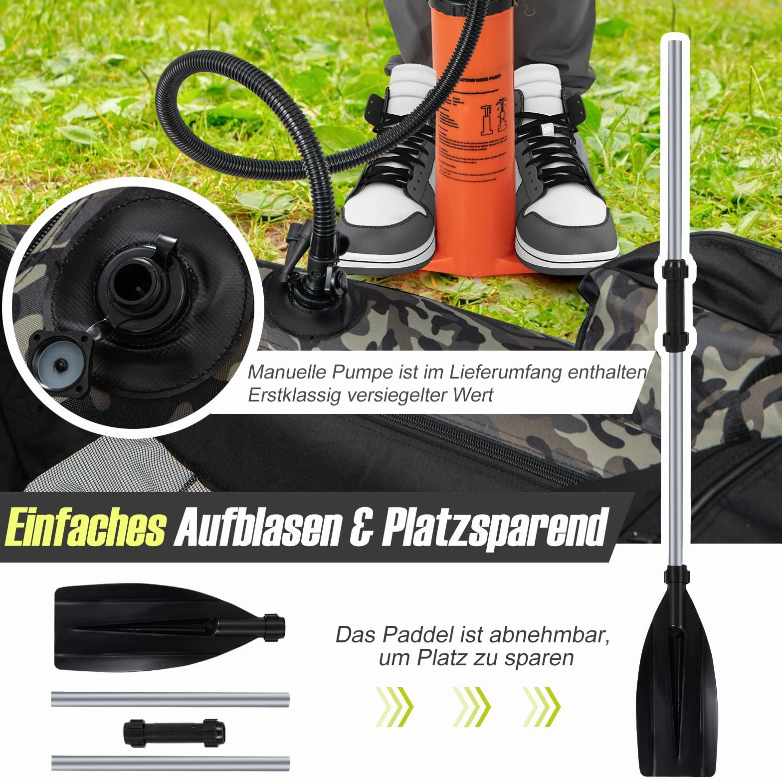GYMAX Aufblasbares Angelboot, tragbares Belly Boat inkl. Pumpe, Paddel & verstellbaren Schultergurten, Fischerboot mit Fischlineal, Schlauchboot bis 150 kg belastbar