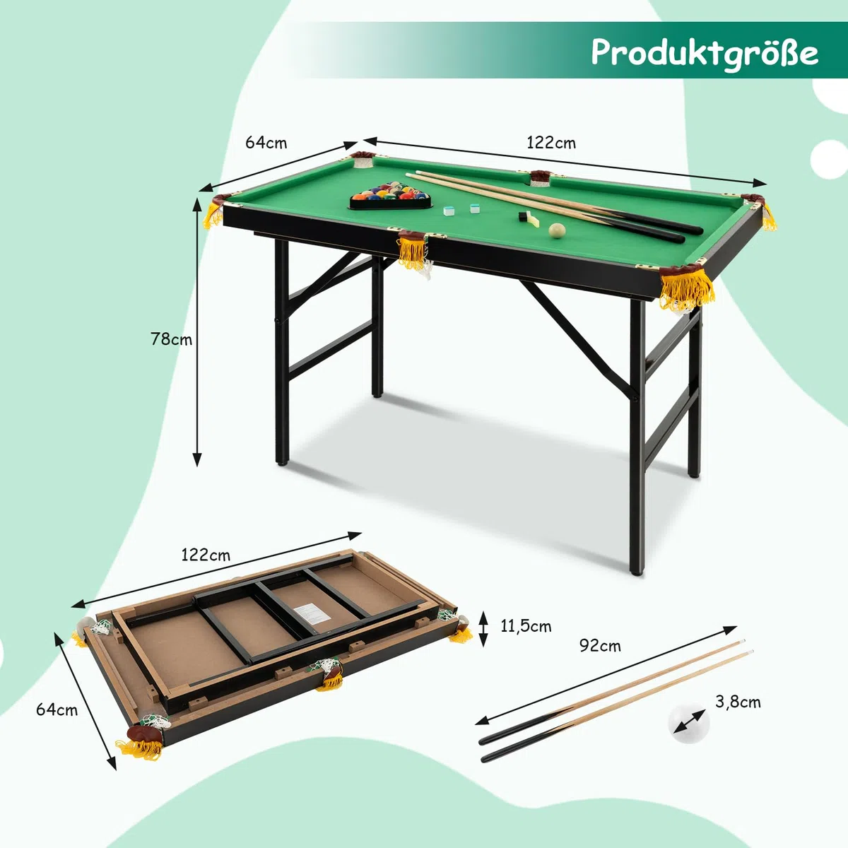 GOPLUS klappbarer Billardtisch, Billiard Tisch mit Zubehör, Snookertisch mit 16 Kugeln, 2 Queues, 2 Kreide, Bürste und Dreieck, Tischspiel für Kinder & Erwachsene, 122 x 64 x 78 cm