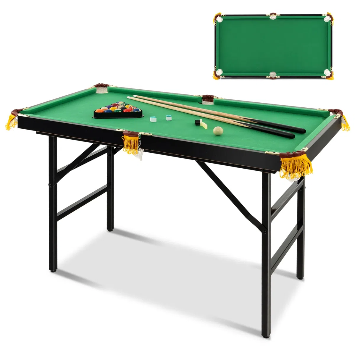 GOPLUS klappbarer Billardtisch, Billiard Tisch mit Zubehör, Snookertisch mit 16 Kugeln, 2 Queues, 2 Kreide, Bürste und Dreieck, Tischspiel für Kinder & Erwachsene, 122 x 64 x 78 cm