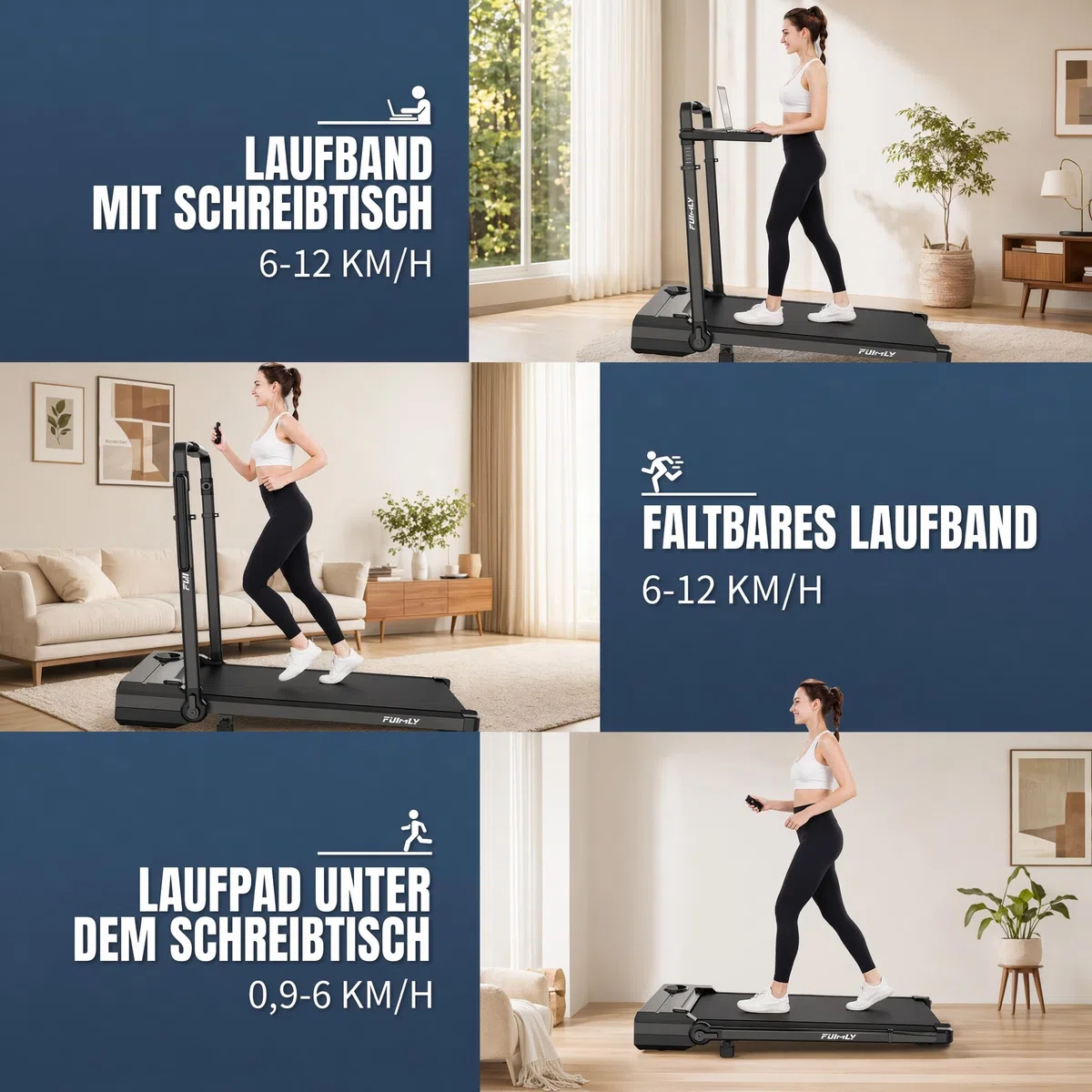 Walking Pad Laufband für Zuhause Klappbar - Walking Pad mit Steigung 9%, 8 in 1 Schreibtisch Laufband mit verstellbarem Handlauf 105-115 cm, 3.5 PS Leise Treadmill für Home Office & Büro bis 150 kg