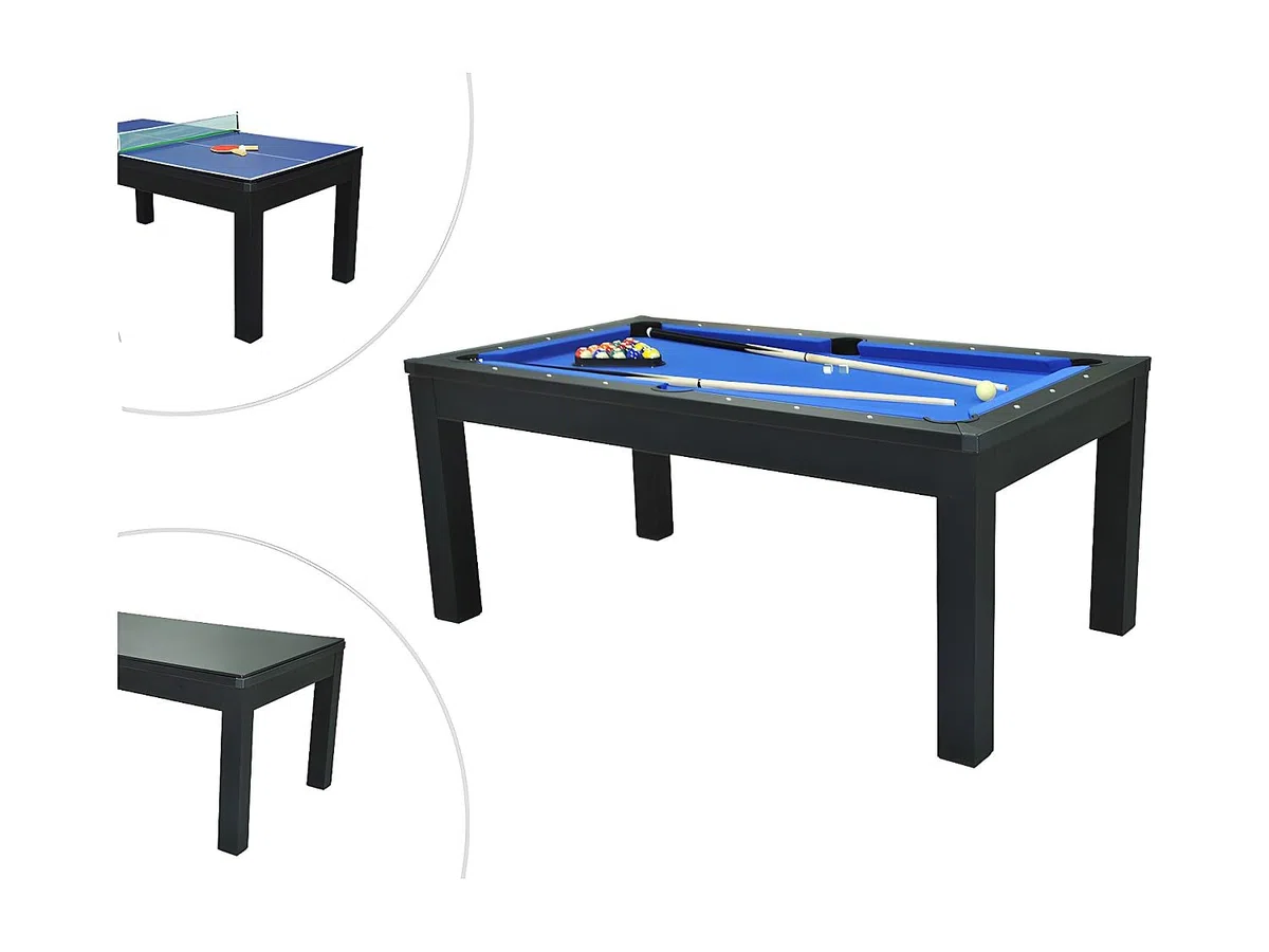 Multifunktionstisch Billard & Tischtennis – 182x102x80 cm – Schwarz – Inkl. Queues, Kugeln, Schläger & Netz – 6 Personen – SOUSA