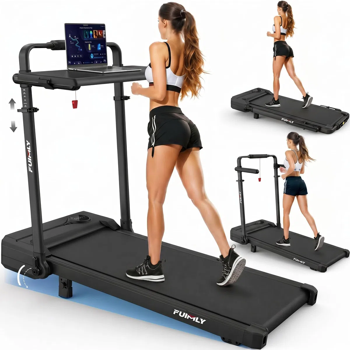 Walking Pad Laufband für Zuhause Klappbar - Walking Pad mit Steigung 9%, 8 in 1 Schreibtisch Laufband mit verstellbarem Handlauf 105-115 cm, 3.5 PS Leise Treadmill für Home Office & Büro bis 150 kg