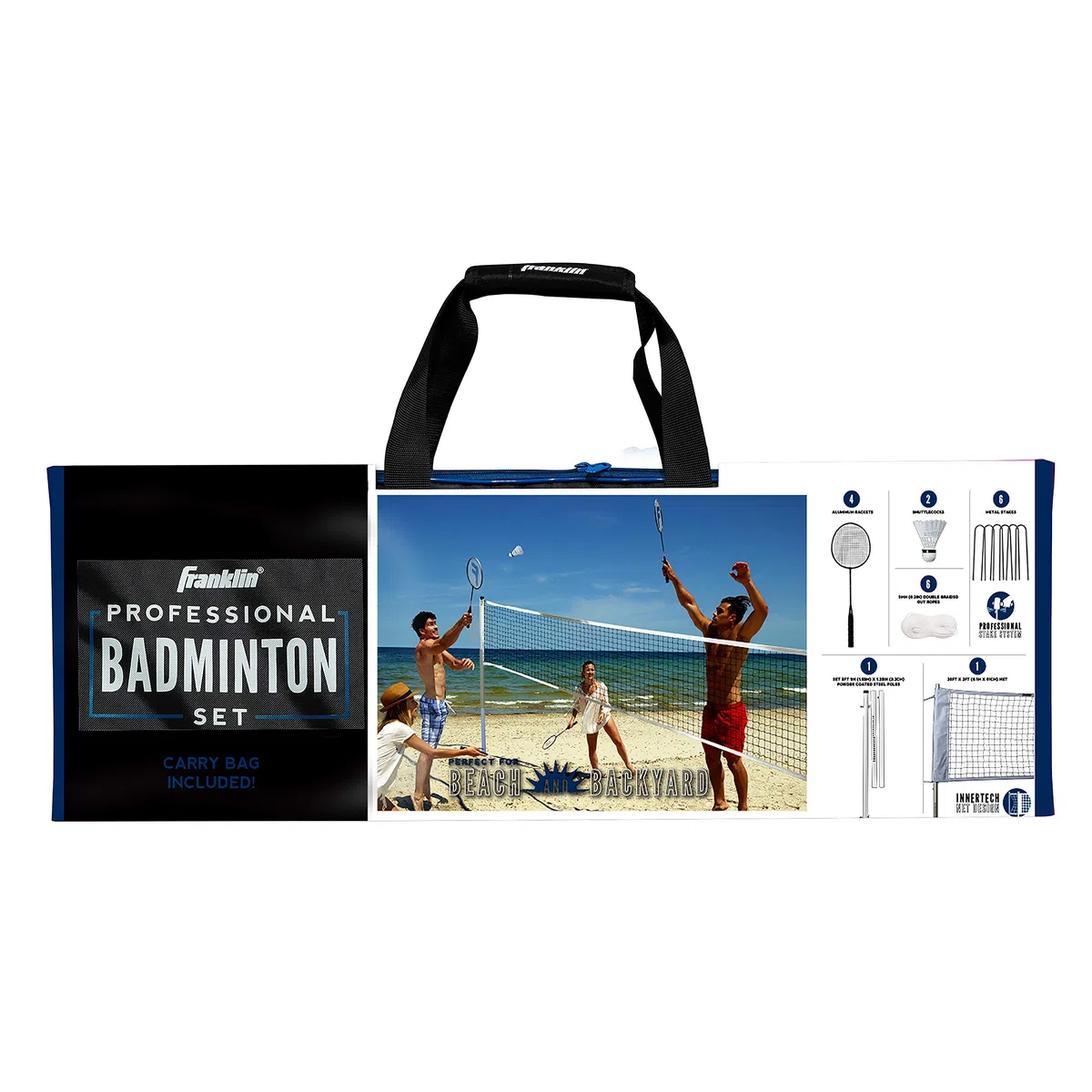 Franklin Sports Badminton-Netz-Sets – Outdoor-Hinterhof + Strand-Badminton-Netz + Ausrüstungsset – (4) Schläger + (2) Vögel + tragbares Netz enthalten – Set für Erwachsene und Kinder