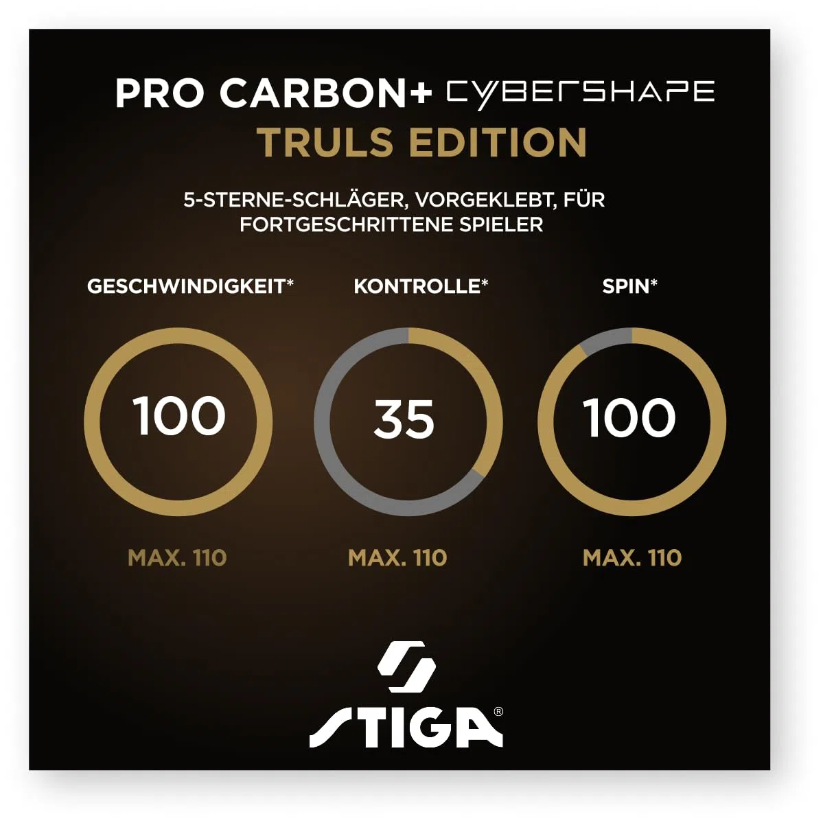 STIGA Pro Carbon Plus Cybershape Truls Edition Tischtennisschläger, 5 Sterne, Größerer optimierter Sweetspot, Touch Carbon-Technologie, ITTF-zugelassene STAR5-Beläge – für Offensive Spieler