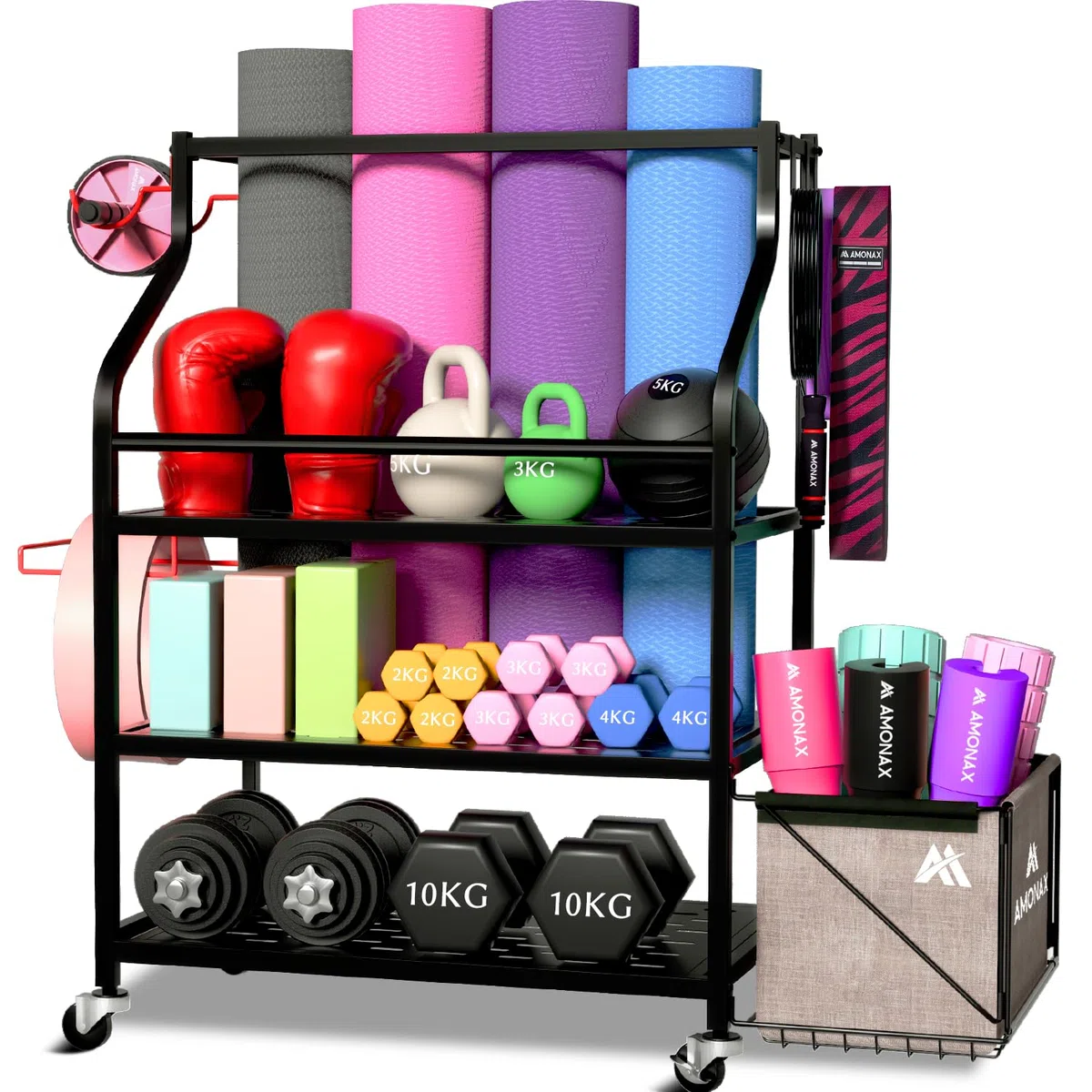 Amonax Hantelständer Fitnessstudio, Kettlebell Rack Kurzhantelständer Yoga Matte Regal, Hantel Ständer Für Langhantelpolster Faszienrolle, Fitness Geräte Zuhause Home Organizer Gym Zubehör