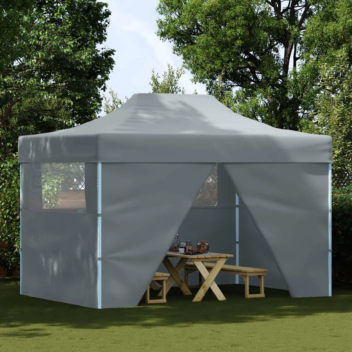 Party-Zelt Anthrazit aus Oxford-Stoff 280 x 410 x 315 cm faltbar mit pulverbeschichtetem Stahlrahmen, Wind- und wetterfest für Garten, Terrasse, Feier, Event, Camping und Freizeit