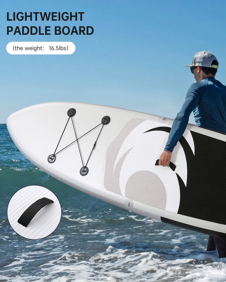 BODIOO Aufblasbar Paddling Board Stand-Up-Paddle-Board SUP mit Premium-Paddle-Board-Zubehör und rutschfestem Deck ISUP-Rucksack-Paddle-Leine-Pumpe für Angel-Yoga für Erwachsene & Jugend & Kind, Weiß