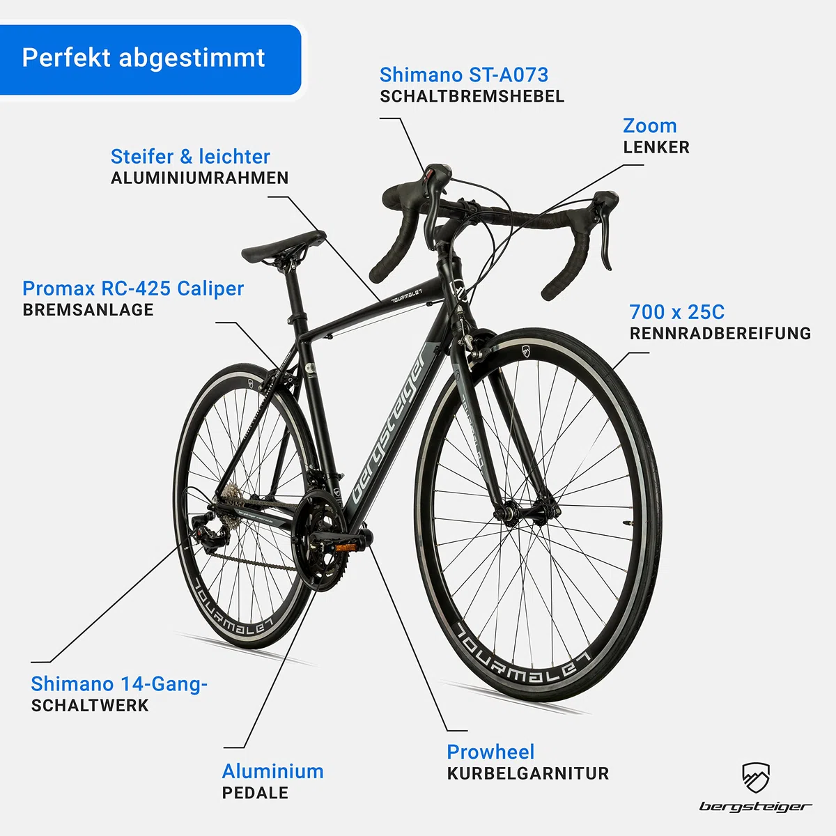 Bergsteiger Tourmalet 28 Zoll Rennrad Gravelbike aus Aluminium | Leichtes 11 kg Damen & Herren Gravel Bike mit 14 Gang Schaltung. Schalthebelsystem ideal ab 170 cm Groesse geeignet.