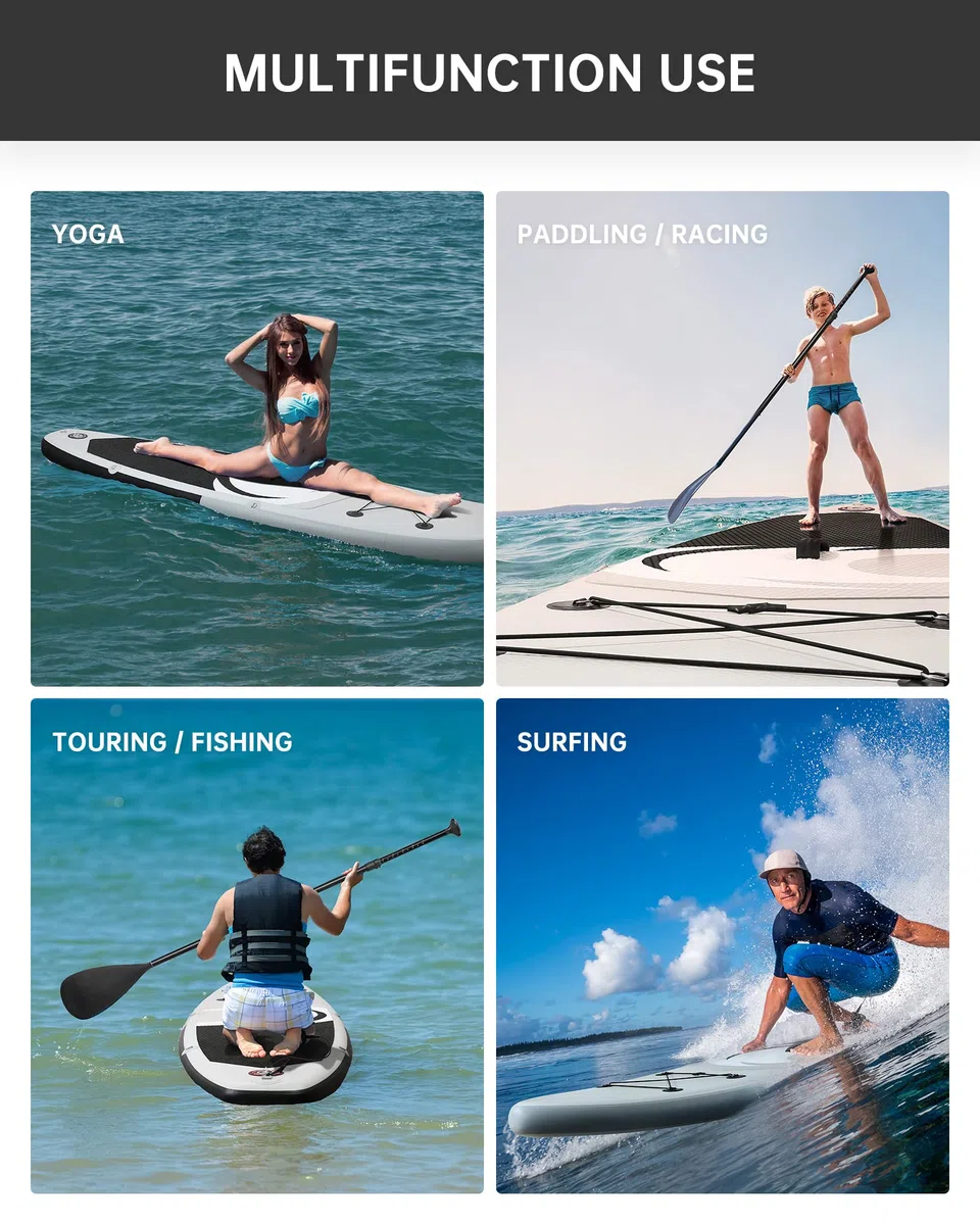 BODIOO Aufblasbar Paddling Board Stand-Up-Paddle-Board SUP mit Premium-Paddle-Board-Zubehör und rutschfestem Deck ISUP-Rucksack-Paddle-Leine-Pumpe für Angel-Yoga für Erwachsene & Jugend & Kind, Weiß