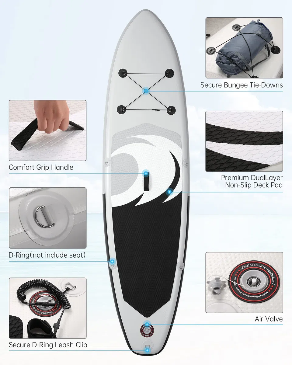 BODIOO Aufblasbar Paddling Board Stand-Up-Paddle-Board SUP mit Premium-Paddle-Board-Zubehör und rutschfestem Deck ISUP-Rucksack-Paddle-Leine-Pumpe für Angel-Yoga für Erwachsene & Jugend & Kind, Weiß