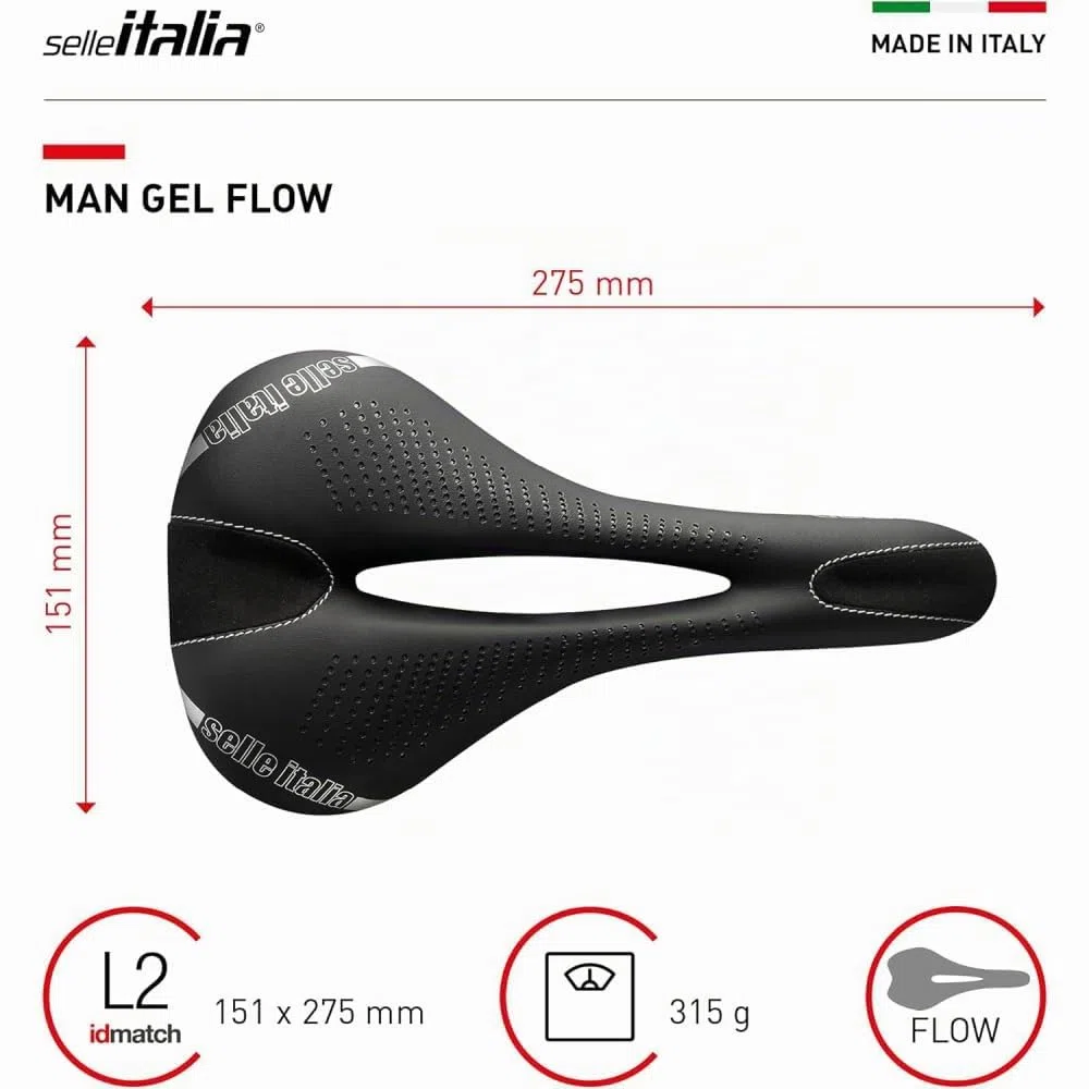Selle Italia - Sattel für Rennräder, Man Gel Flow, Rail Manganese Rohr Ø 7, Sattel Road Gran Turismus, Fibra-tek, Komfort Gel, Stoßdämpfer