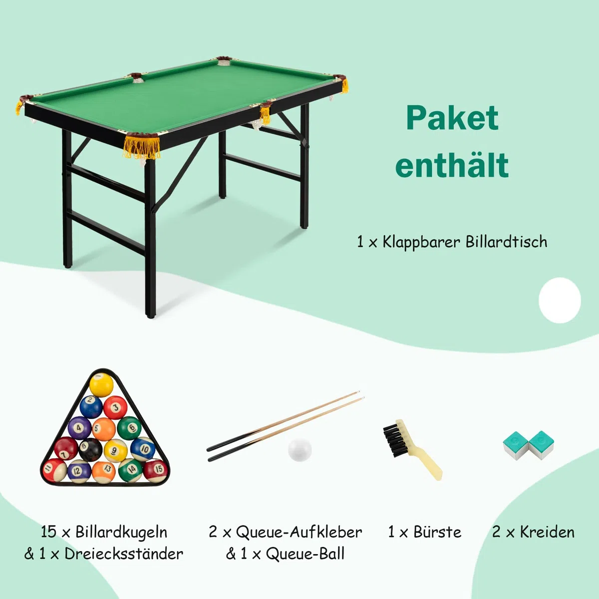 GOPLUS klappbarer Billardtisch, Billiard Tisch mit Zubehör, Snookertisch mit 16 Kugeln, 2 Queues, 2 Kreide, Bürste und Dreieck, Tischspiel für Kinder & Erwachsene, 122 x 64 x 78 cm