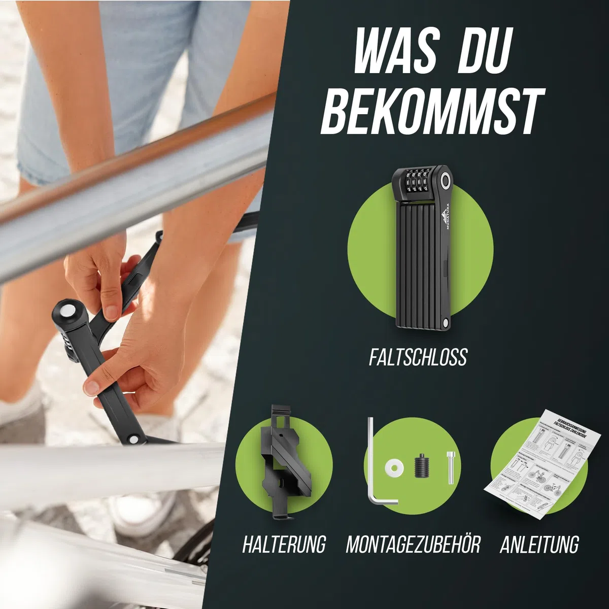 MUNATURA Faltschloss Fahrrad Diebstahlsicher [120cm] - Fahrradschloss hohe Sicherheit mit Halterung - Radschloss Zahlenschloss, Fahrrad schloss Faltschloss, bike lock, ebike
