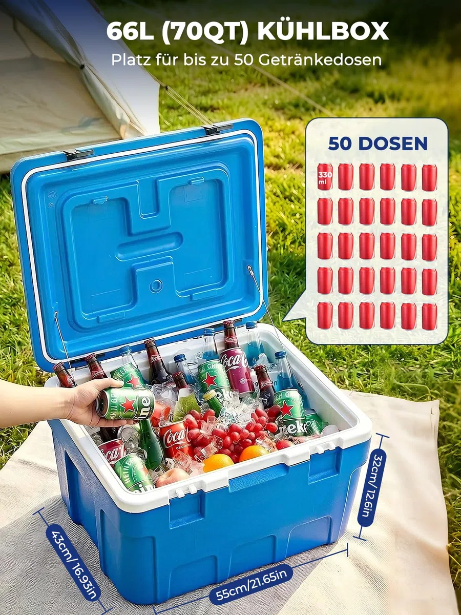 Kühlbox 66 Liter ohne Strom – Tragbare Thermobox hält EIS bis zu 4 Tage kalt, Passive Kühlbox für Camping, Picknick, Auto & Angeln